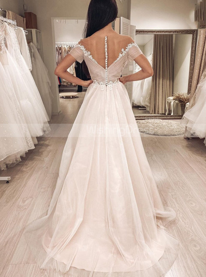 A-line Wedding Dress With Short Sleeve,Illusion Neckline Wedding Dress - Wishingdress A-line Wedding Dress With Short Sleeve,Illusion Neckline Wedding Dress - Wishingdress