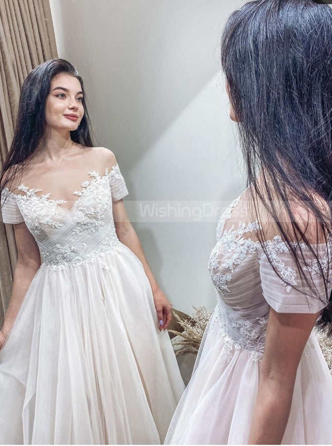 A-line Wedding Dress With Short Sleeve,Illusion Neckline Wedding Dress - Wishingdress A-line Wedding Dress With Short Sleeve,Illusion Neckline Wedding Dress - Wishingdress