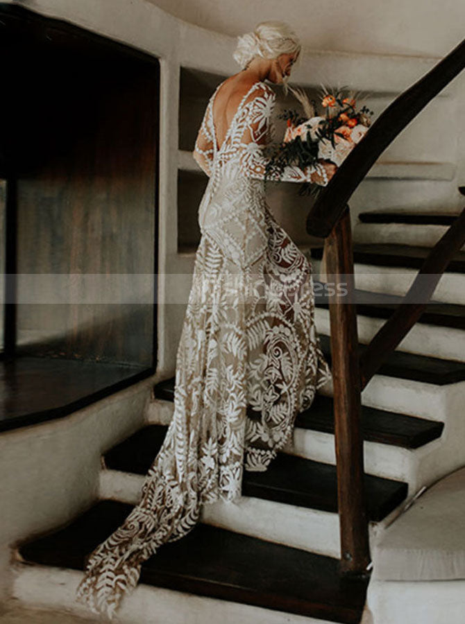 Boho Lace Wedding Dress With Sleeve,V Back Destination Bridal Dress,WD - Wishingdress Boho Lace Wedding Dress With Sleeve,V Back Destination Bridal Dress,WD - Wishingdress
