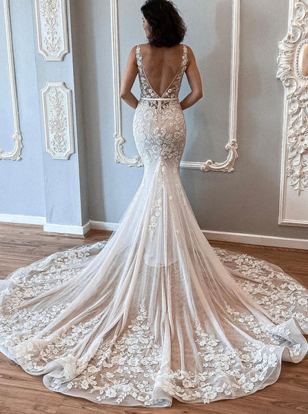 Trumpet V Back Wedding Dress,Lace Bridal Gown,WD01115