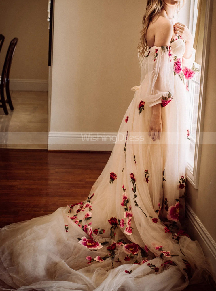 red rose wedding dress Romantic Rose Appliques Wedding Dress,Fairytales Bridal Gown With Remo
