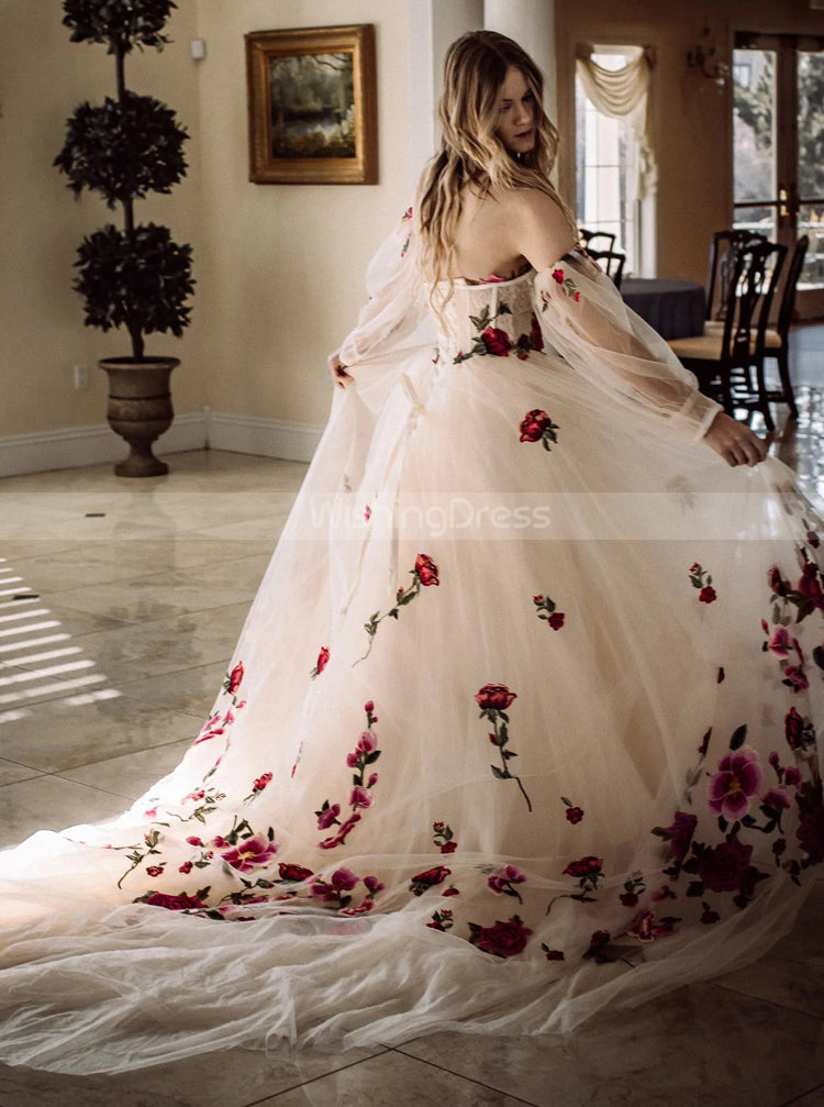 Romantic Rose Appliques Wedding Dress,Fairytales Bridal Gown With Remo - Wishingdress Romantic Rose Appliques Wedding Dress,Fairytales Bridal Gown With Remo - Wishingdress