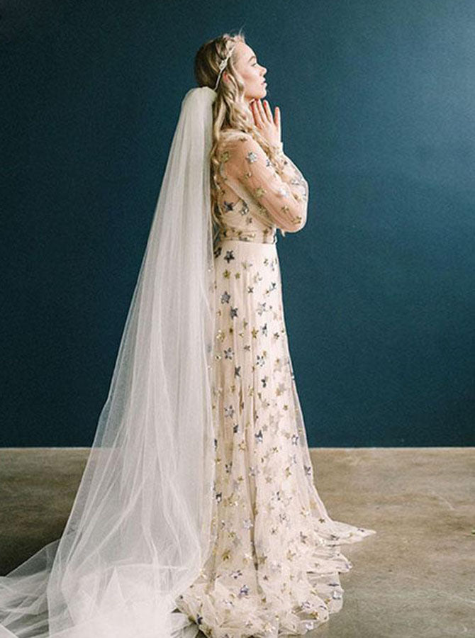 boho star wedding dress Stars Wedding Dress V Neck,Light Champagne Long Sleeve Bohemian Bridal