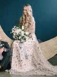 Stars Wedding Dress V Neck,Light Champagne Long Sleeve Bohemian Bridal Gowns,WD01117