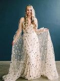 Stars Wedding Dress V Neck,Light Champagne Long Sleeve Bohemian Bridal Gowns,WD01117