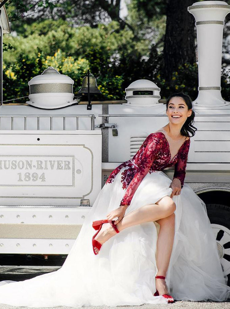 Illusion Neckline Long Sleeve Wedding Dress,Burgundy White Bridal Dress,WD00868 US20W / Picture Color