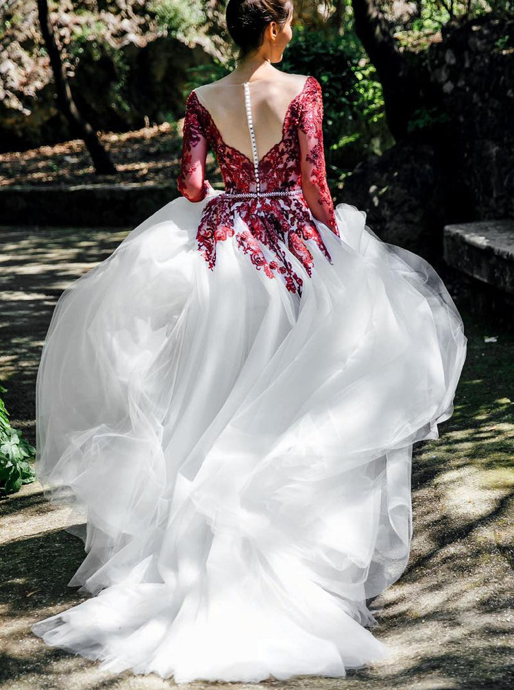 Illusion Neckline Long Sleeve Wedding Dress,Burgundy White Bridal Dress,WD00868 US16 / Black