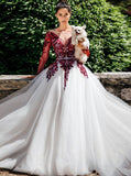 Illusion Neckline Long Sleeve Wedding Dress,Burgundy White Bridal Dress,WD00868, US2 / Black Illusion Neckline Long Sleeve Wedding Dress,Burgundy White Bridal Dress,WD00868, US2 / Black