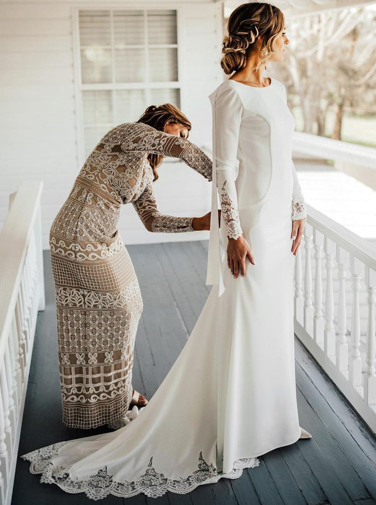 Outdoor Simple Wedding Dress,Cutout Back Long Sleeve Bridal Dress,WD00870 US16W / White