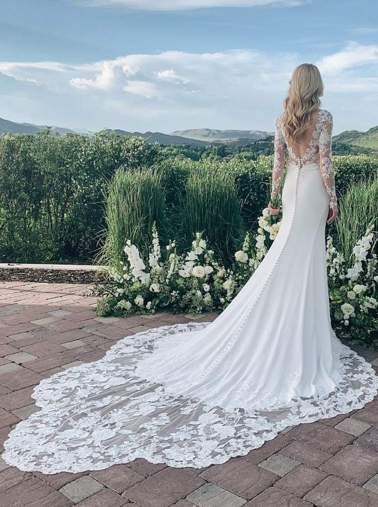 Fit And Flare Wedding Dress With Long Sleeve,Chapel-length Petal Train