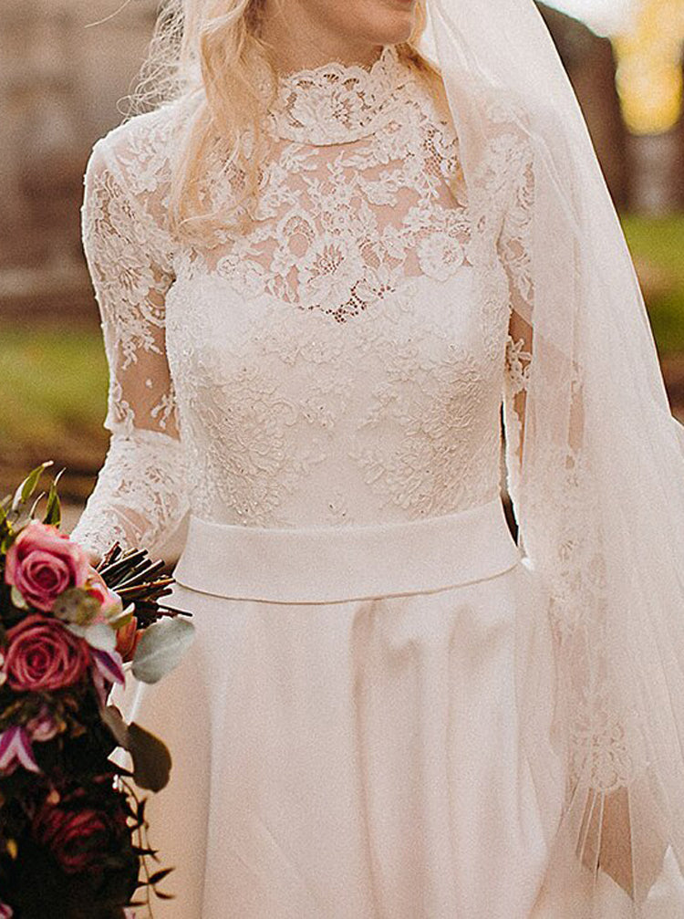 A-line Lace Bodice Satin Skirt Wedding Gown, Modest Bridal Dress With - Wishingdress A-line Lace Bodice Satin Skirt Wedding Gown, Modest Bridal Dress With - Wishingdress