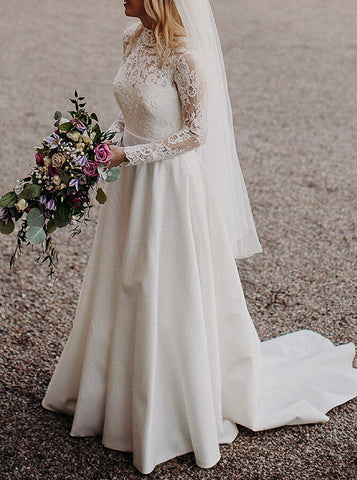 A-line Lace Bodice Satin Skirt Wedding Gown, Modest Bridal Dress With Sleeve,WD00873