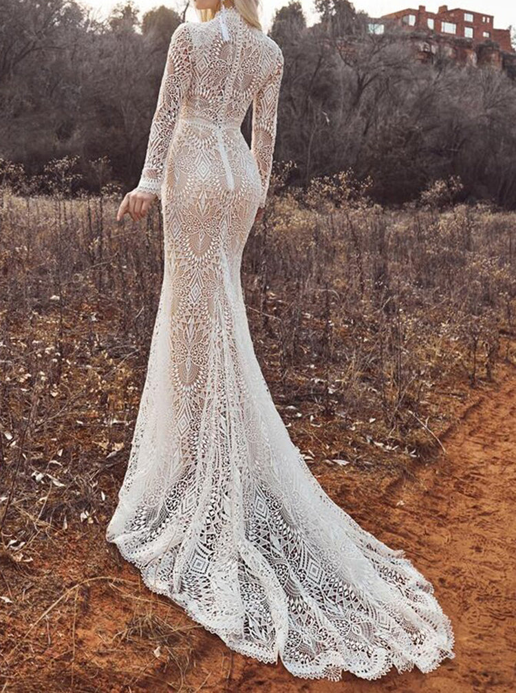 Lace Wedding Dress With Sleeve,Nude lining Ivory Lace Bridal Dress,WD00874 US18W / Ivory