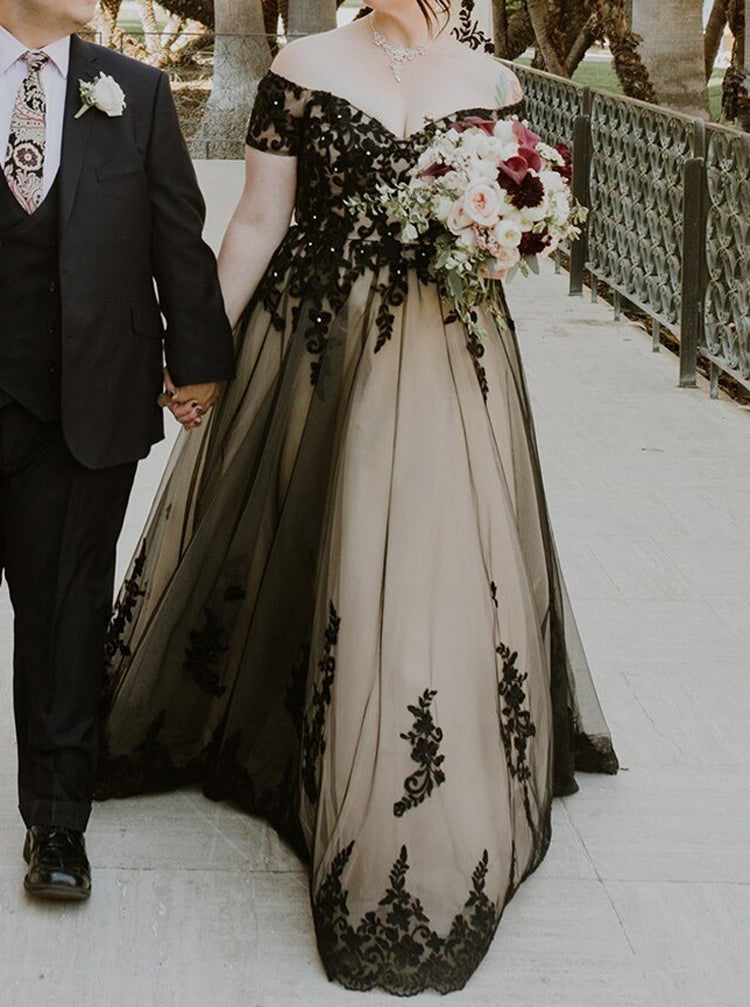 Off The Shoulder Plus Size Wedding Dress,Black Bridal Gown,WD00875