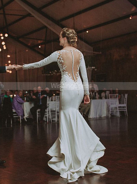 Stretch Crepe Wedding Dress With Sleeve, Illusion Back Bridal Gown,WD00878