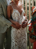Boho Lace Wedding Dress,Spaghetti Straps Open Back Bridal Gown,WD00879