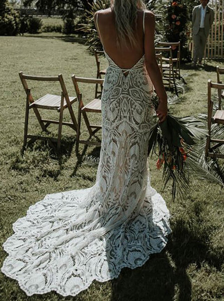 Boho Lace Wedding Dress,Spaghetti Straps Open Back Bridal Gown,WD00879