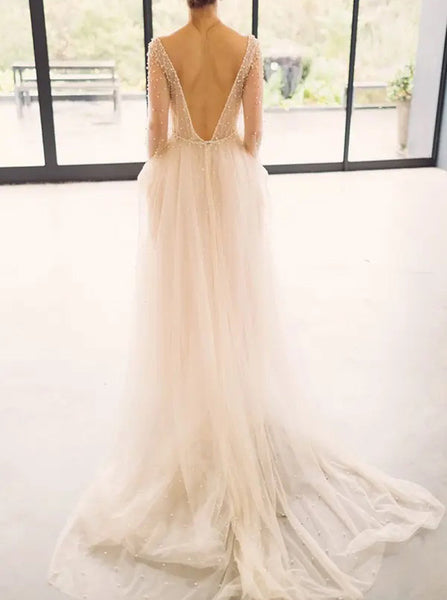 Champagne Wedding Dress With Sleeve,Pearl Wedding Dress,WD00883