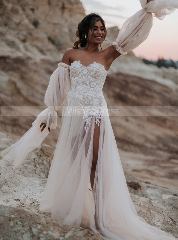Boho Wedding Dress With Removable Sleeve,Destination Bridal Dress,WD00