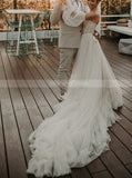 Boho Wedding Dress With Removable Sleeve,Strapless Tulle Bridal Dress,WD00887