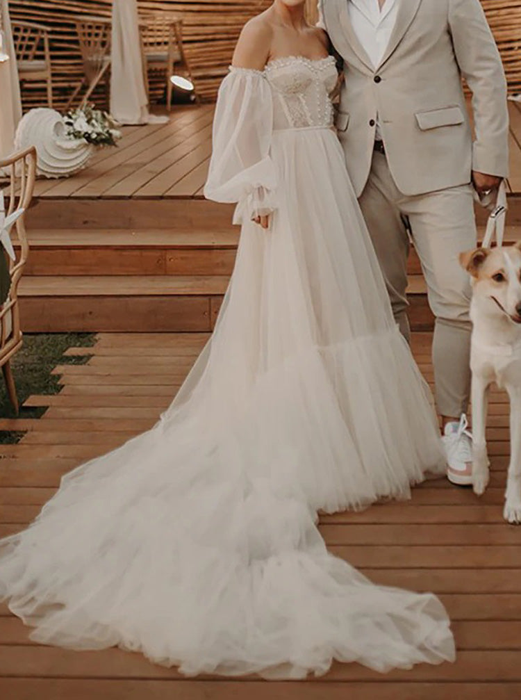 Boho Wedding Dress With Removable Sleeve,Strapless Tulle Bridal Dress,