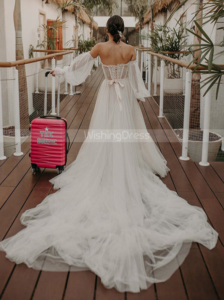 Boho Wedding Dress With Removable Sleeve,Strapless Tulle Bridal Dress,WD00887