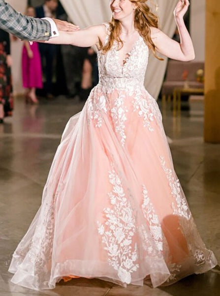 A-line Cutout Back Wedding Dress,Ivory Over Pink Wedding Dress,WD00888