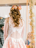 A-line Cutout Back Wedding Dress,Ivory Over Pink Wedding Dress,WD00888