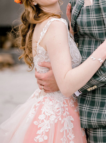 A-line Cutout Back Wedding Dress,Ivory Over Pink Wedding Dress,WD00888