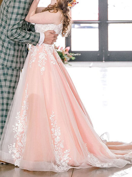 A-line Cutout Back Wedding Dress,Ivory Over Pink Wedding Dress,WD00888
