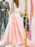 A-line Cutout Back Wedding Dress,Ivory Over Pink Wedding Dress,WD00888
