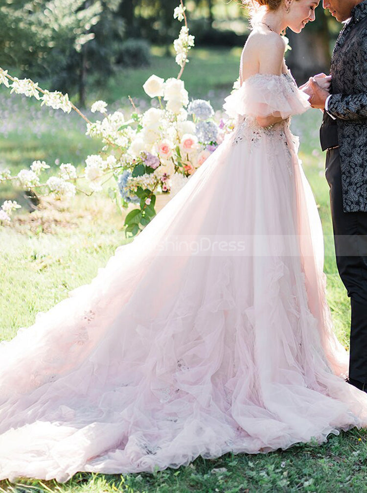 A-line Pink Wedding Dress With Removable Sleeve,Sweetheart Neckline Bridal Gown,WD00891 US12 / Picture Color