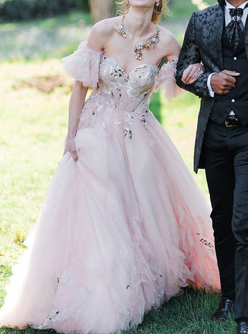 A-line Pink Wedding Dress With Removable Sleeve,Sweetheart Neckline Bridal Gown,WD00891