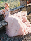A-line Pink Wedding Dress With Removable Sleeve,Sweetheart Neckline Bridal Gown,WD00891