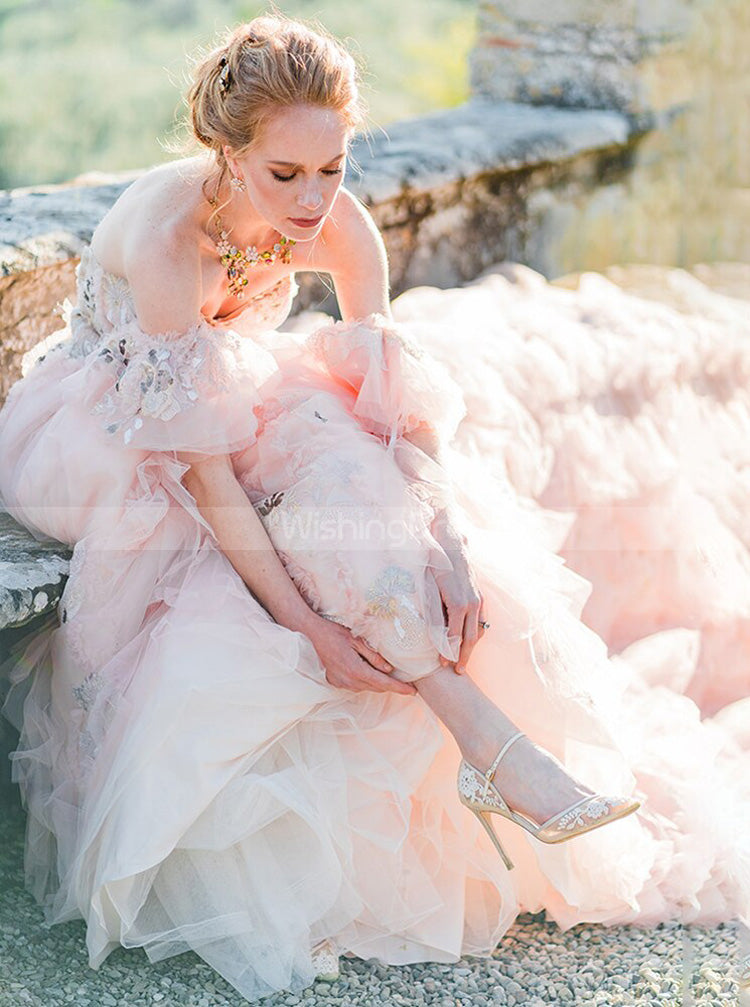 A-line Pink Wedding Dress With Removable Sleeve,Sweetheart Neckline Br A-line Pink Wedding Dress With Removable Sleeve,Sweetheart Neckline Br