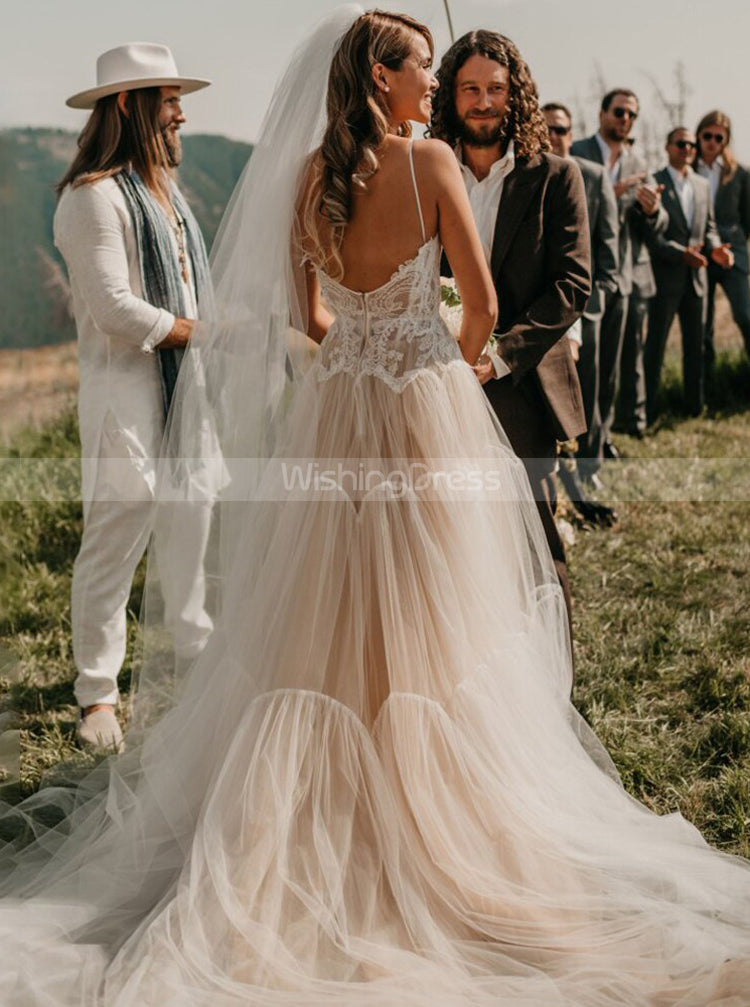 Ivory Over Champagne Wedding Dress,Boho Spaghetti Strap Wedding Dress, - Wishingdress Ivory Over Champagne Wedding Dress,Boho Spaghetti Strap Wedding Dress, - Wishingdress