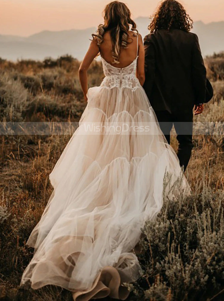 Ivory Over Champagne Wedding Dress,Boho Spaghetti Strap Wedding Dress,WD00893 US8 / Picture Color