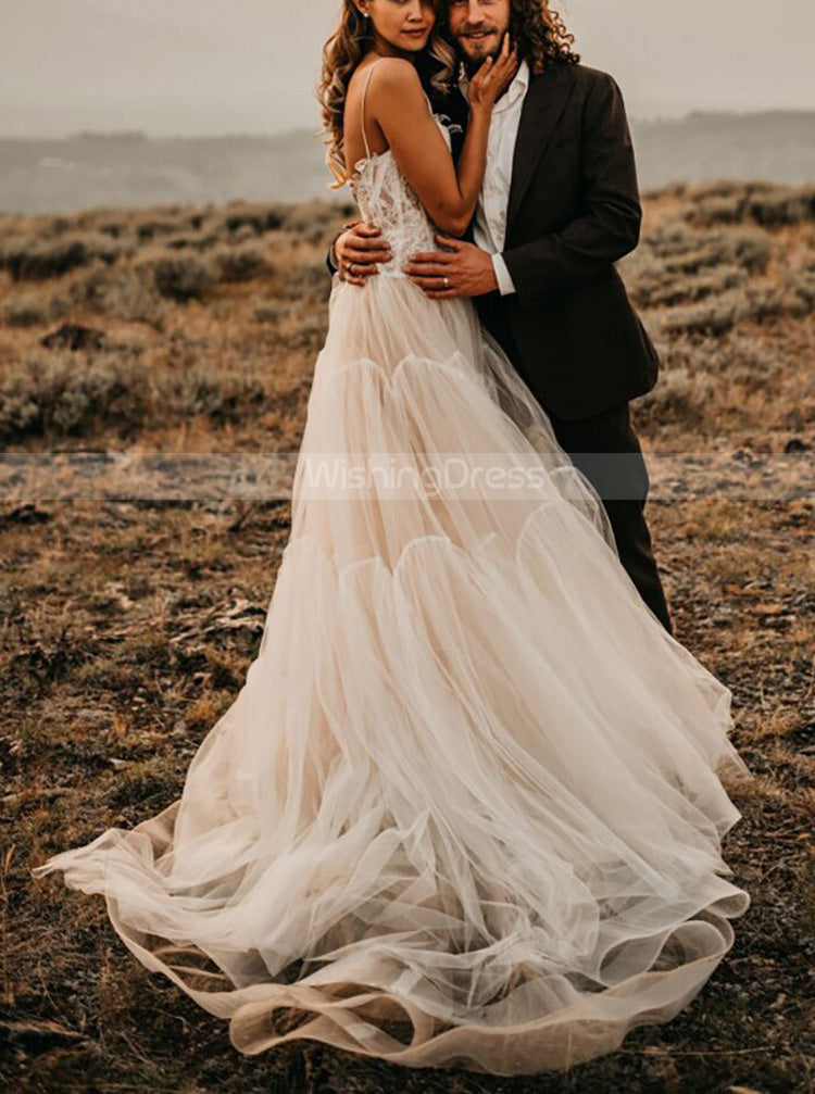 Ivory Over Champagne Wedding Dress,Boho Spaghetti Strap Wedding Dress,WD00893, US4 / White Ivory Over Champagne Wedding Dress,Boho Spaghetti Strap Wedding Dress,WD00893, US4 / White
