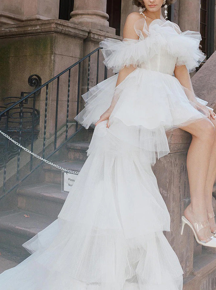 Short Wedding Dress With Detachable Train, Casual Ruffled Wedding Dres - Wishingdress Short Wedding Dress With Detachable Train, Casual Ruffled Wedding Dres - Wishingdress