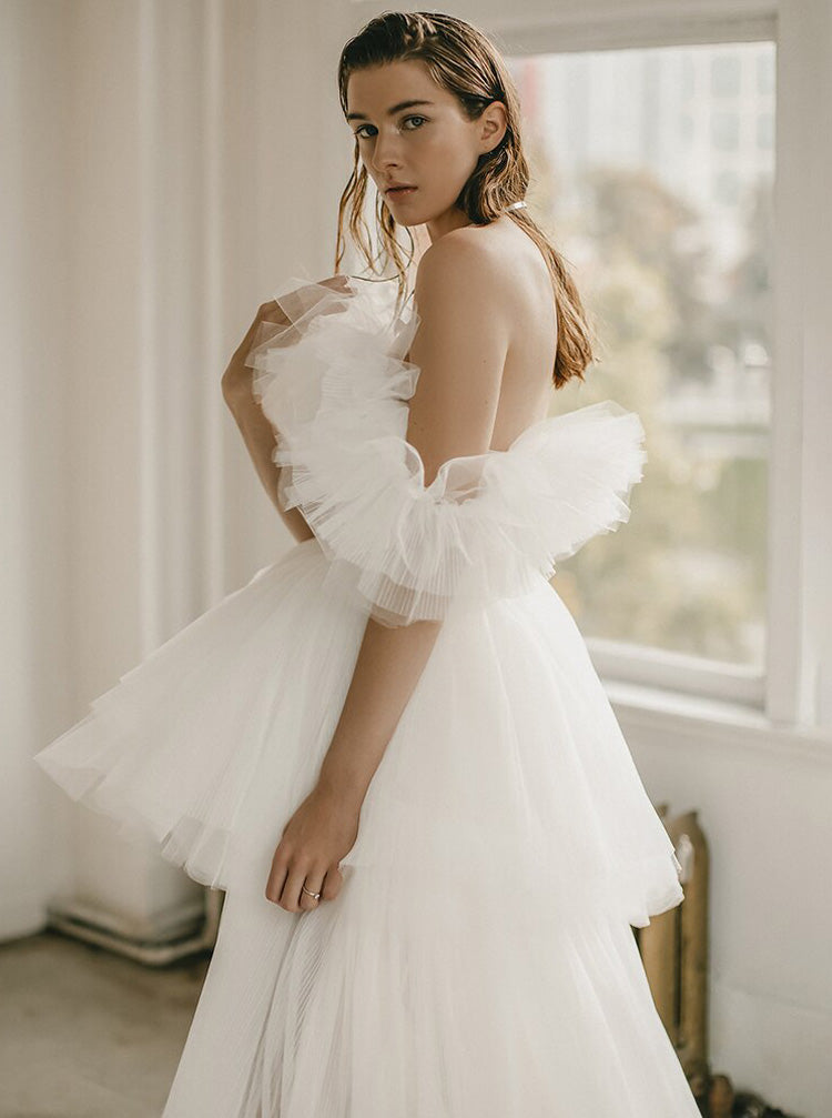 Short Wedding Dress With Detachable Train, Casual Ruffled Wedding Dres - Wishingdress Short Wedding Dress With Detachable Train, Casual Ruffled Wedding Dres - Wishingdress