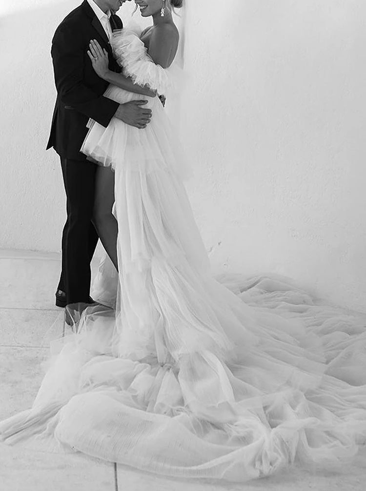 Short Wedding Dress With Detachable Train, Casual Ruffled Wedding Dres Short Wedding Dress With Detachable Train, Casual Ruffled Wedding Dres