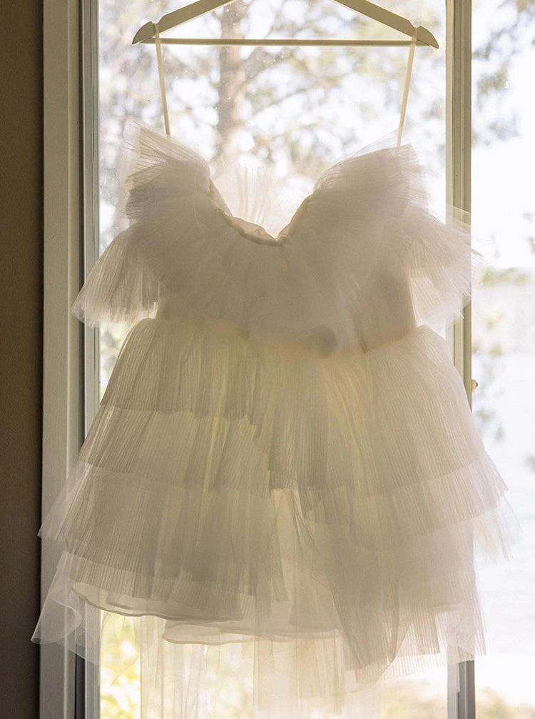 Short Wedding Dress With Detachable Train, Casual Ruffled Wedding Dres