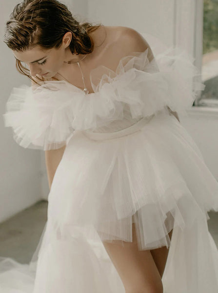 Short Wedding Dress With Detachable Train, Casual Ruffled Wedding Dress,WD00894