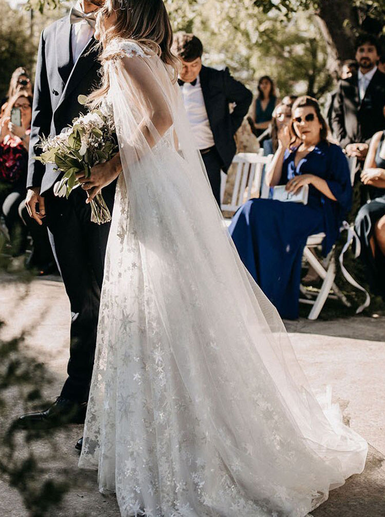 A-line Star Lace Wedding Dress With Cape,Destination Bridal Dress,WD00 - Wishingdress A-line Star Lace Wedding Dress With Cape,Destination Bridal Dress,WD00 - Wishingdress