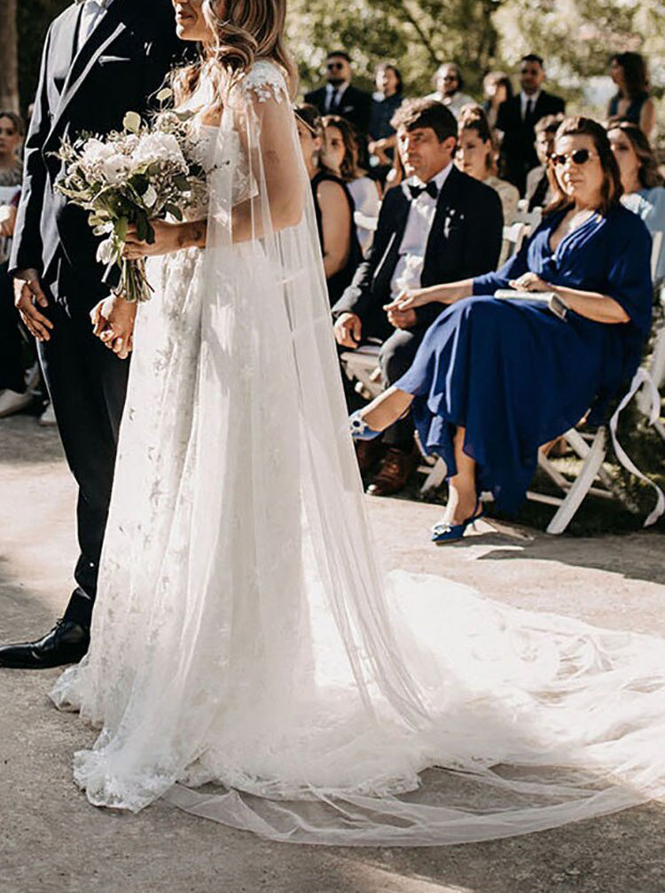 star lace wedding dress A-line Star Lace Wedding Dress With Cape,Destination Bridal Dress,WD00