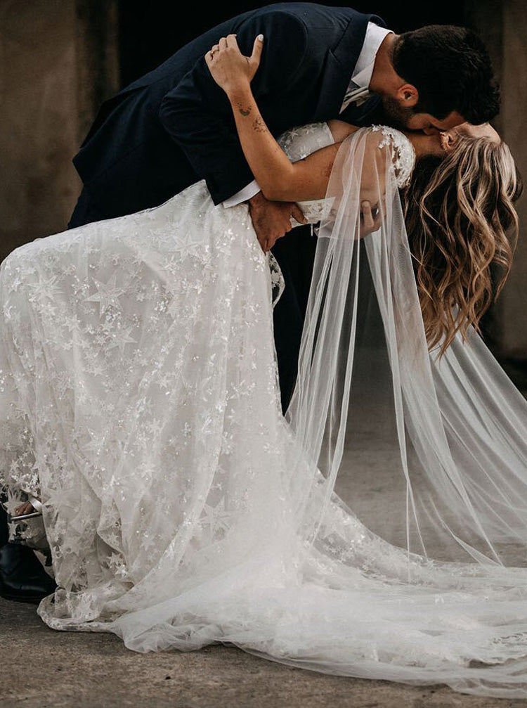 A-line Star Lace Wedding Dress With Cape,Destination Bridal Dress,WD00 - Wishingdress A-line Star Lace Wedding Dress With Cape,Destination Bridal Dress,WD00 - Wishingdress
