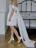 A-line Short Wedding Dress With Big Bow,Off The Shoulder Satin Wedding Dress,WD00896