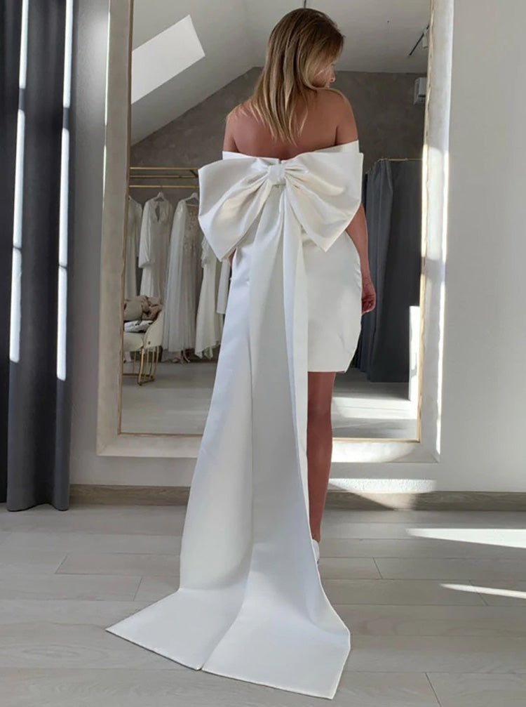 A-line Short Wedding Dress With Big Bow,Off The Shoulder Satin Wedding Dress,WD00896