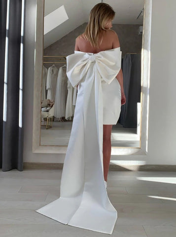 A-line Short Wedding Dress With Big Bow,Off The Shoulder Satin Wedding Dress,WD00896