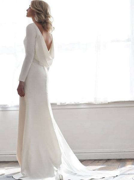 Simple Wedding Dress Illusion Back,Stretch Crepe Long Sleeve Wedding Dress,WD00897